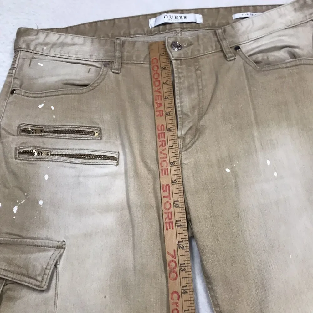 GUESS Jeans Men 36x32 Tan Moto Cargo Slim Taper Distressed Skater Biker